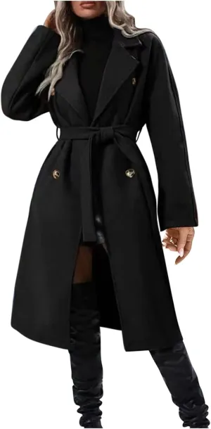 YRAETENM Women's Lapel Collar Double Breasted Wool Blend Coats Winter Warm Open Front Midi Long Pea Coat Outwear with Belt