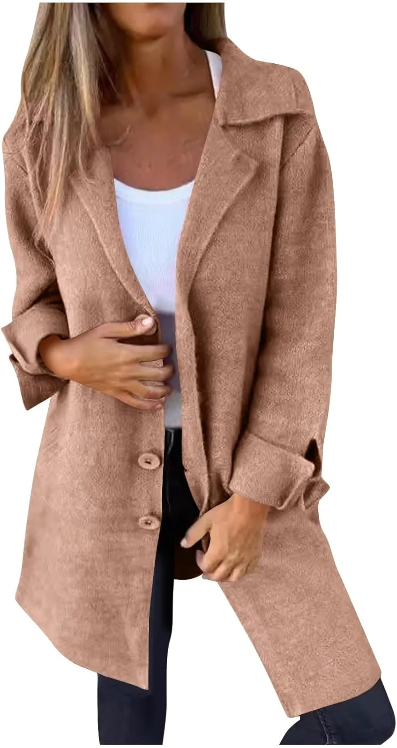 YRAETENM Womens Long Cardigan Sweaters Oversized Lapel Collar Wool Blend Jackets Casual Lightweight Mid Length Trench Coats
