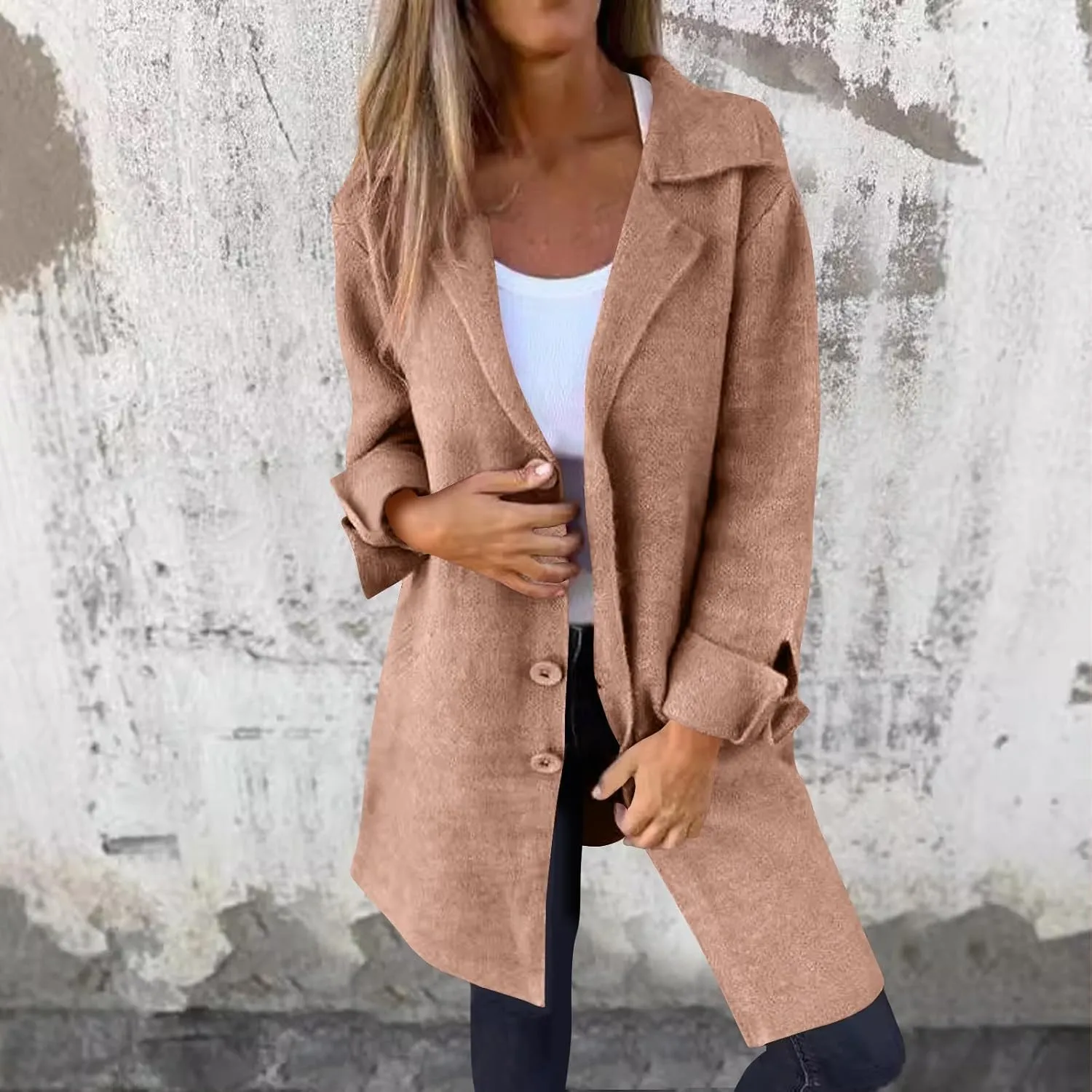 YRAETENM Womens Long Cardigan Sweaters Oversized Lapel Collar Wool Blend Jackets Casual Lightweight Mid Length Trench Coats