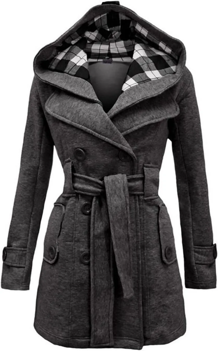 YRAETENM Women's Trench Coats Double Breasted Pea Coat Hooded Long Winter Jacket Warm Windproof Belted Outwear with Pocket