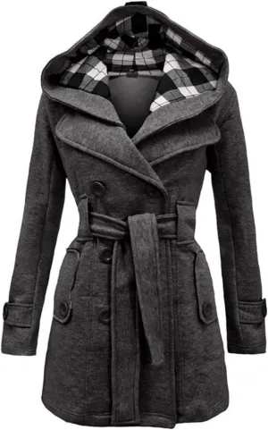 YRAETENM Women's Trench Coats Double Breasted Pea Coat Hooded Long Winter Jacket Warm Windproof Belted Outwear with Pocket