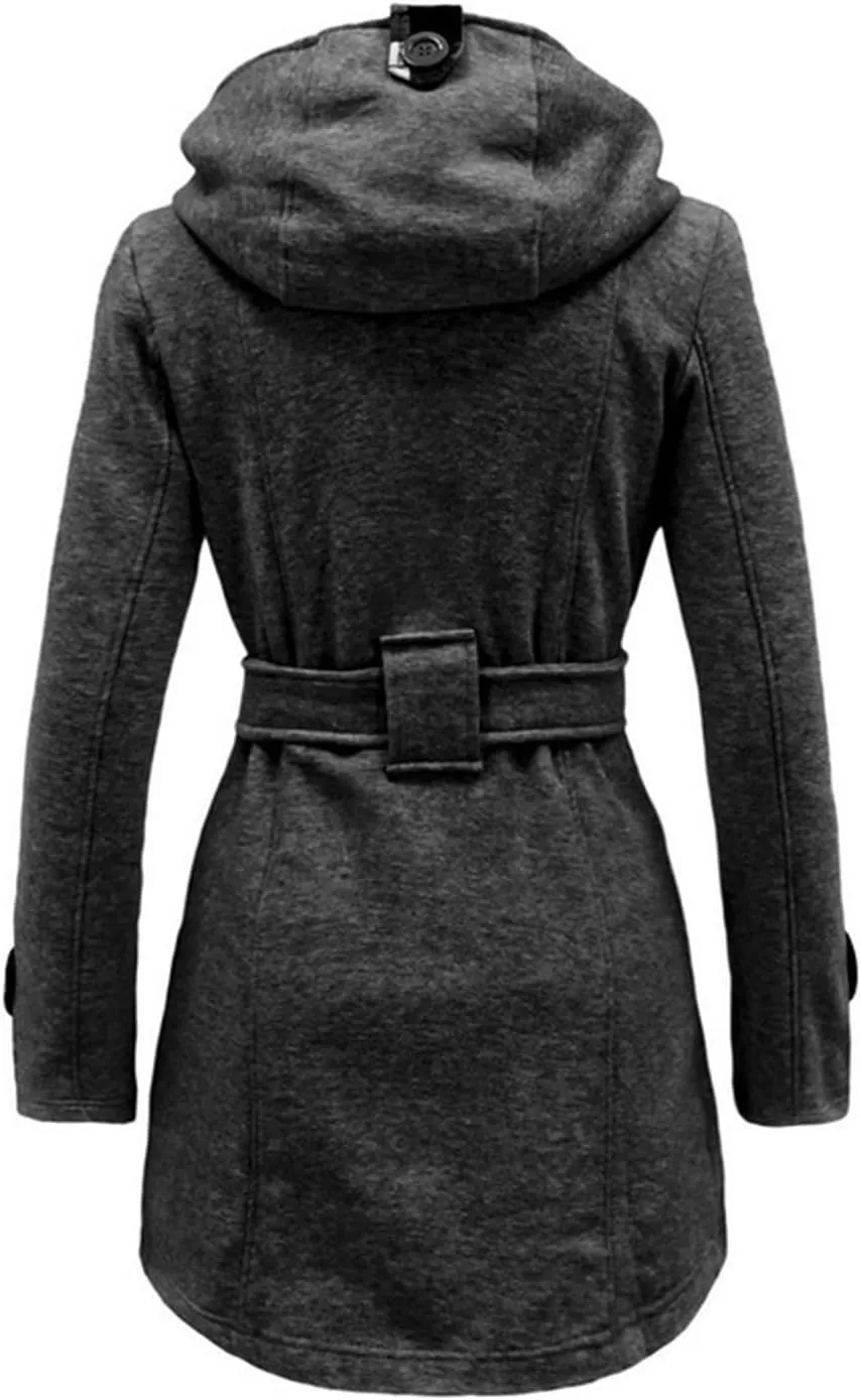 YRAETENM Women's Trench Coats Double Breasted Pea Coat Hooded Long Winter Jacket Warm Windproof Belted Outwear with Pocket