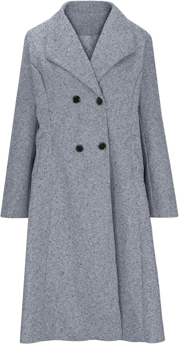 YRAETENM Women's Winter Casual Double Breasted Mid Long Wool Coat Oversized Warm Notched Lapel Business Trench Coats Outwear