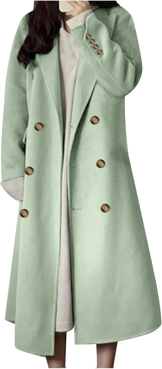 YRAETENM Women's Winter Casual Double Breasted Mid Long Wool Coat Oversized Warm Notched Lapel Business Trench Coats Outwear