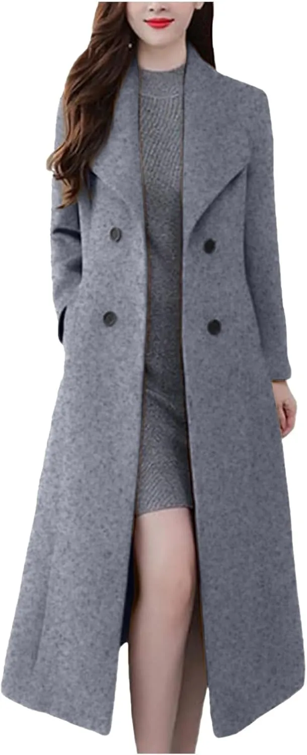 YRAETENM Women's Winter Casual Double Breasted Mid Long Wool Coat Oversized Warm Notched Lapel Business Trench Coats Outwear
