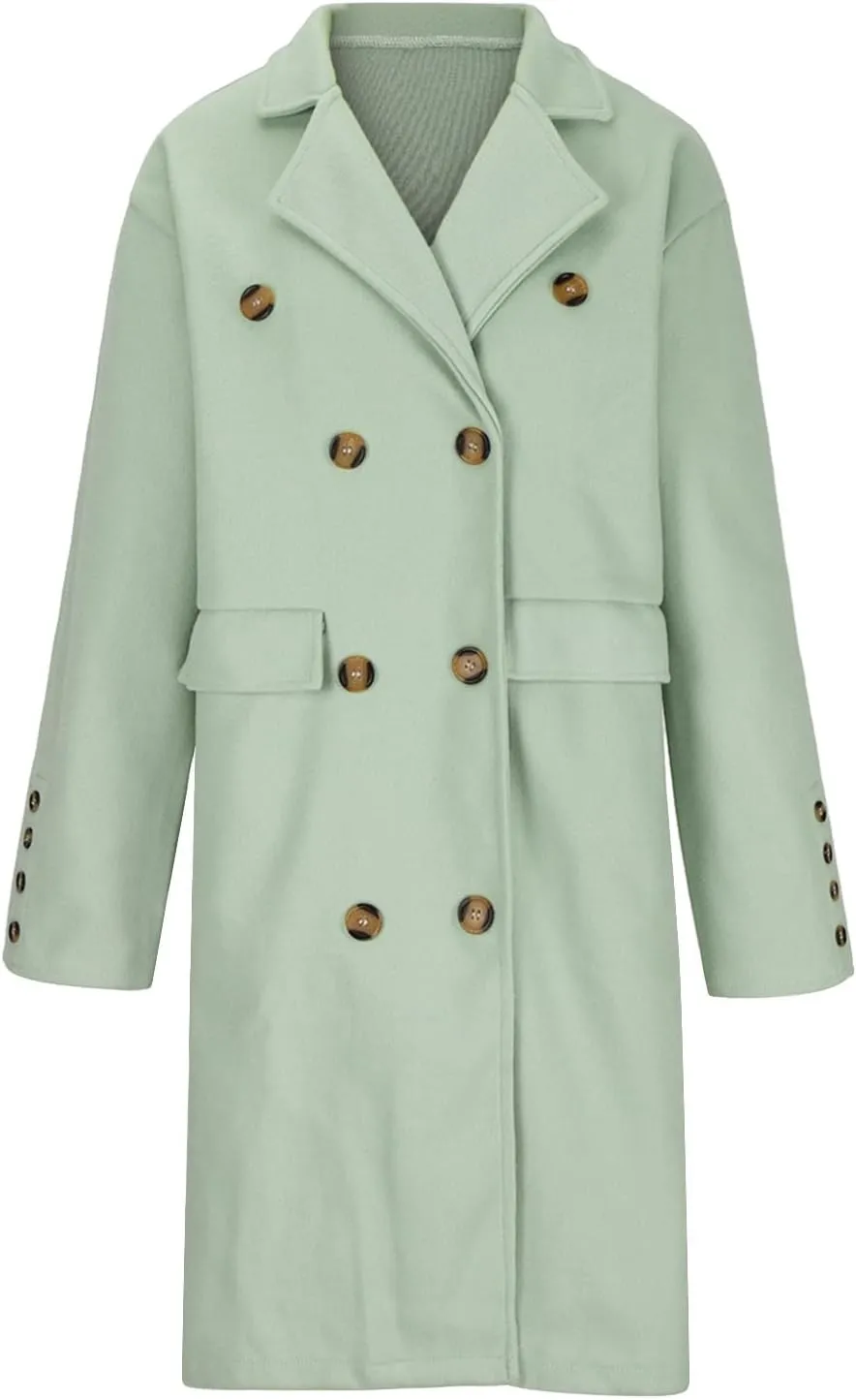 YRAETENM Women's Winter Casual Double Breasted Mid Long Wool Coat Oversized Warm Notched Lapel Business Trench Coats Outwear
