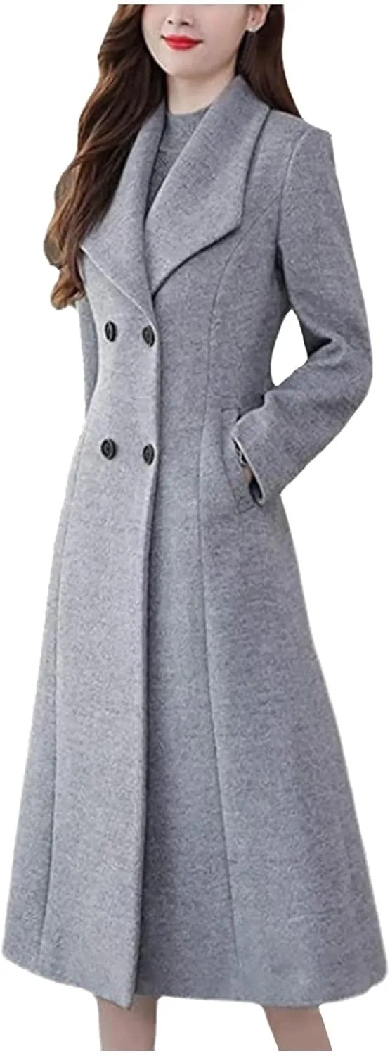 YRAETENM Women's Winter Casual Double Breasted Mid Long Wool Coat Oversized Warm Notched Lapel Business Trench Coats Outwear