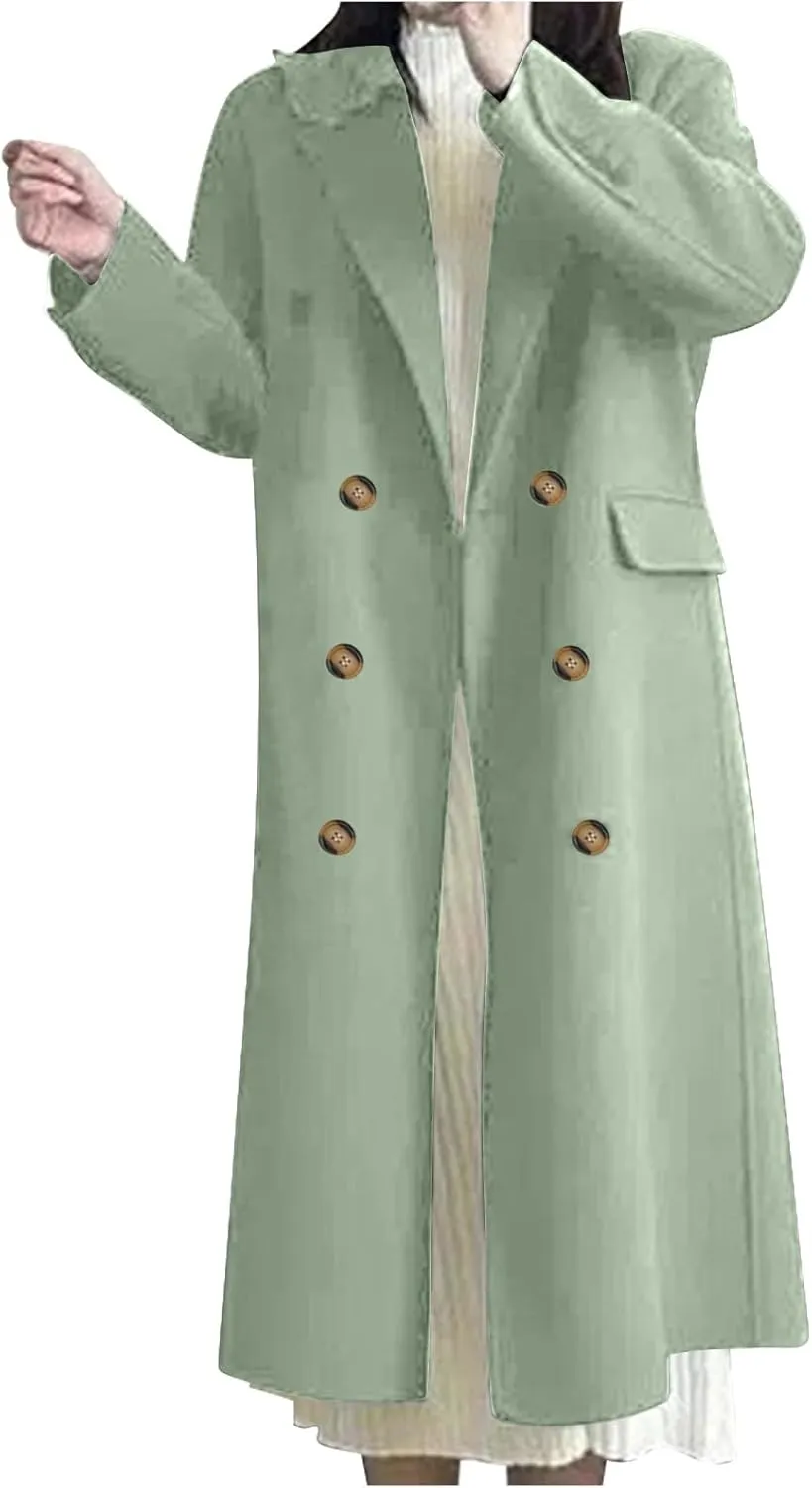 YRAETENM Women's Winter Casual Double Breasted Mid Long Wool Coat Oversized Warm Notched Lapel Business Trench Coats Outwear
