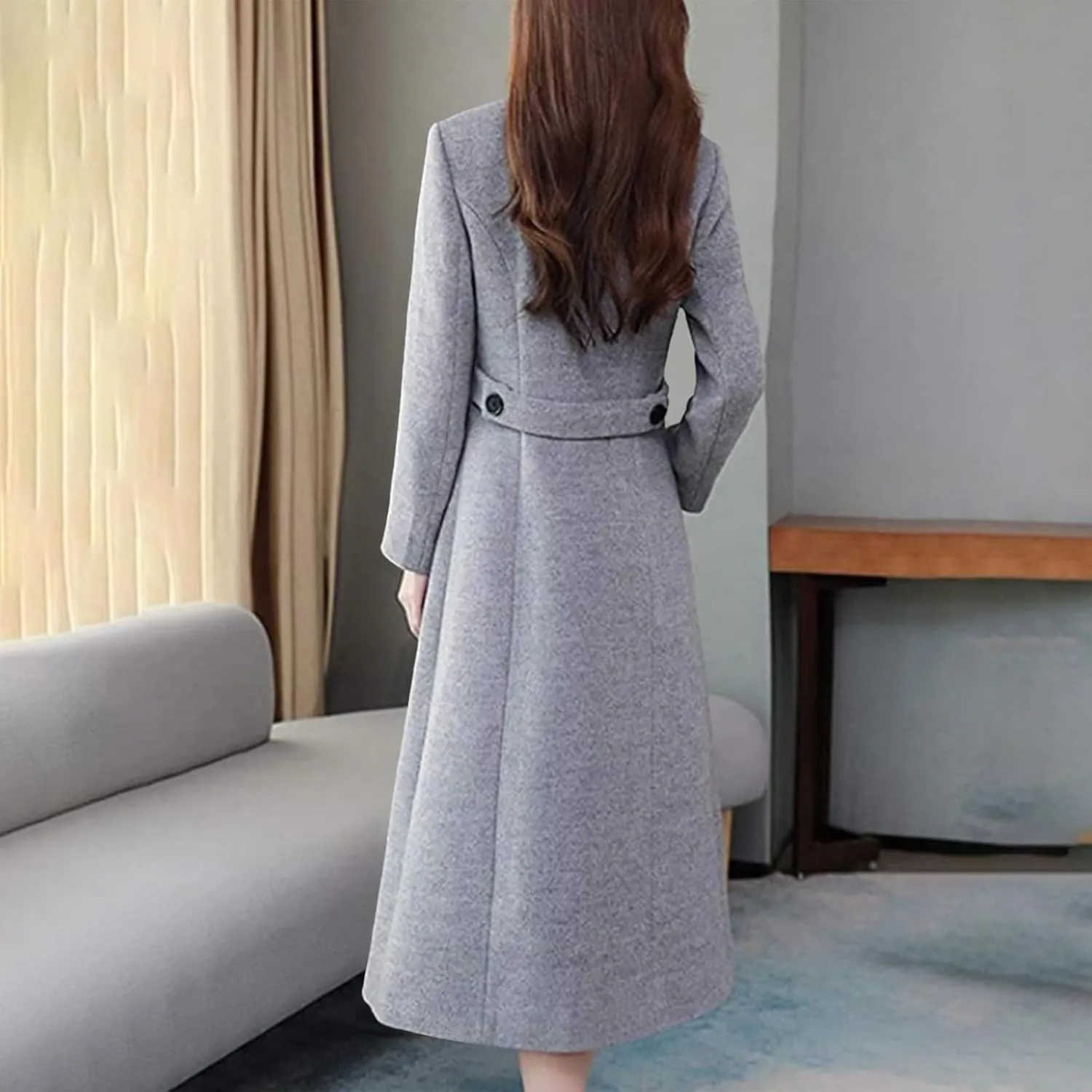 YRAETENM Women's Winter Casual Double Breasted Mid Long Wool Coat Oversized Warm Notched Lapel Business Trench Coats Outwear