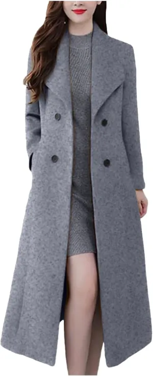 YRAETENM Women's Winter Casual Double Breasted Mid Long Wool Coat Oversized Warm Notched Lapel Business Trench Coats Outwear
