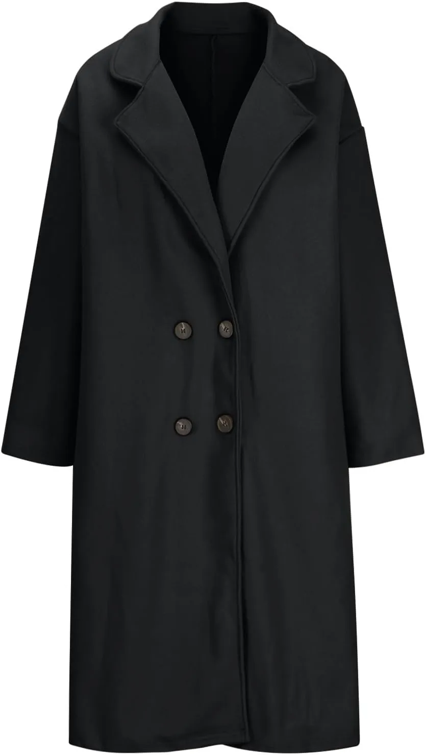 YRAETENM Women's Winter Double Breasted Wool Coat Oversized Notch Lapel Midi Long Pea Coats Dressy Casual Warm Trench Coat