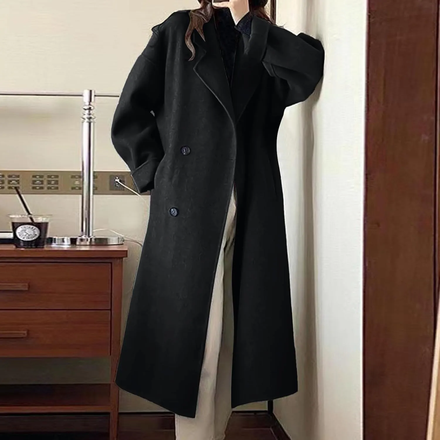 YRAETENM Women's Winter Double Breasted Wool Coat Oversized Notch Lapel Midi Long Pea Coats Dressy Casual Warm Trench Coat