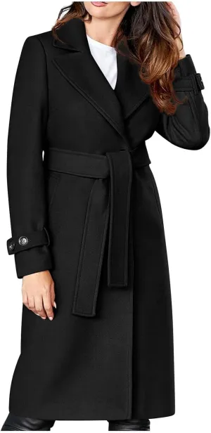 YRAETENM Women's Wool Blend Coat Elegant Notch Lapel Collar Pea Coats Fall Winter Warm Long Overcoat Outerwear with Belt