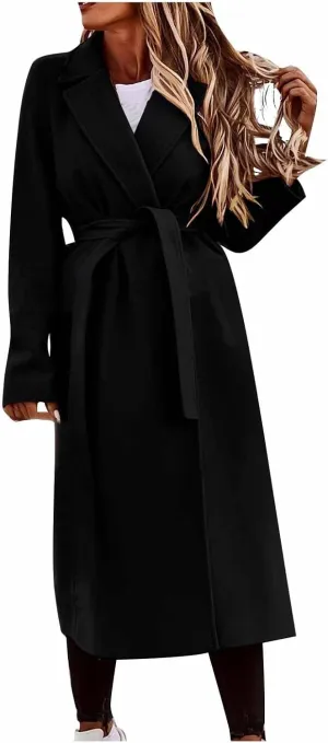 YRAETENM Women's Wool Blend Coat Elegant Notch Lapel Collar Pea Coats Fall Winter Warm Long Overcoat Outerwear with Belt
