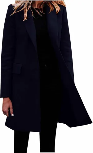 YRAETENM Women's Wool Blend Pea Coats Winter Casual Lapel Collar Open Front Cardigan Windproof Long Blazer Jackets Outwear