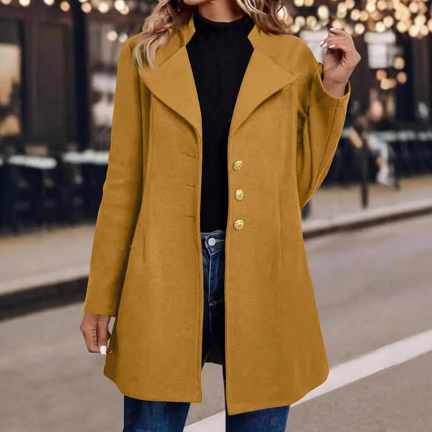 YRAETENM Womens Wool Coat Fall Winter Double Breasted Trench Coat Casual Woolen Blazer Jackets Business Mid Length Pea Coats