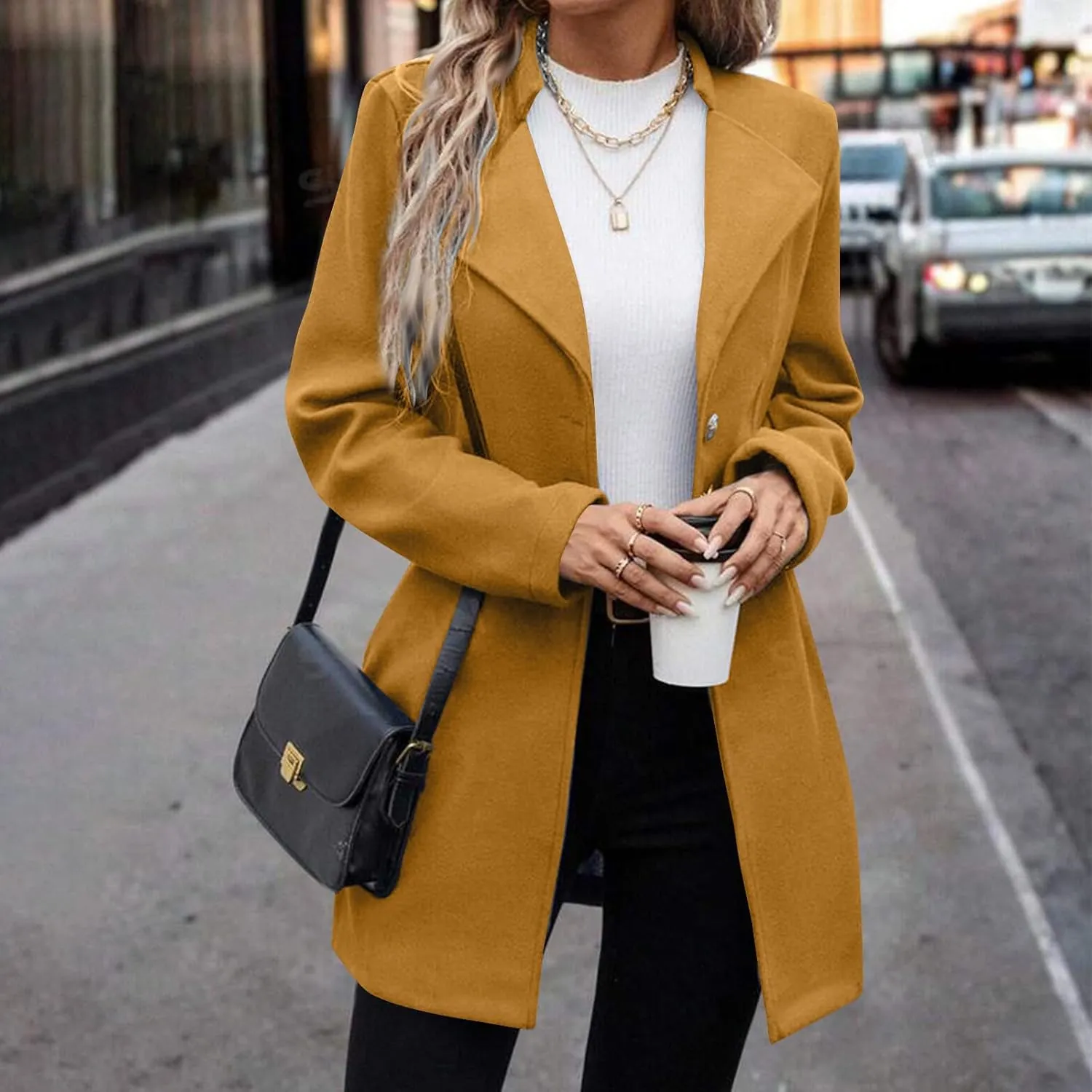 YRAETENM Womens Wool Coat Fall Winter Double Breasted Trench Coat Casual Woolen Blazer Jackets Business Mid Length Pea Coats