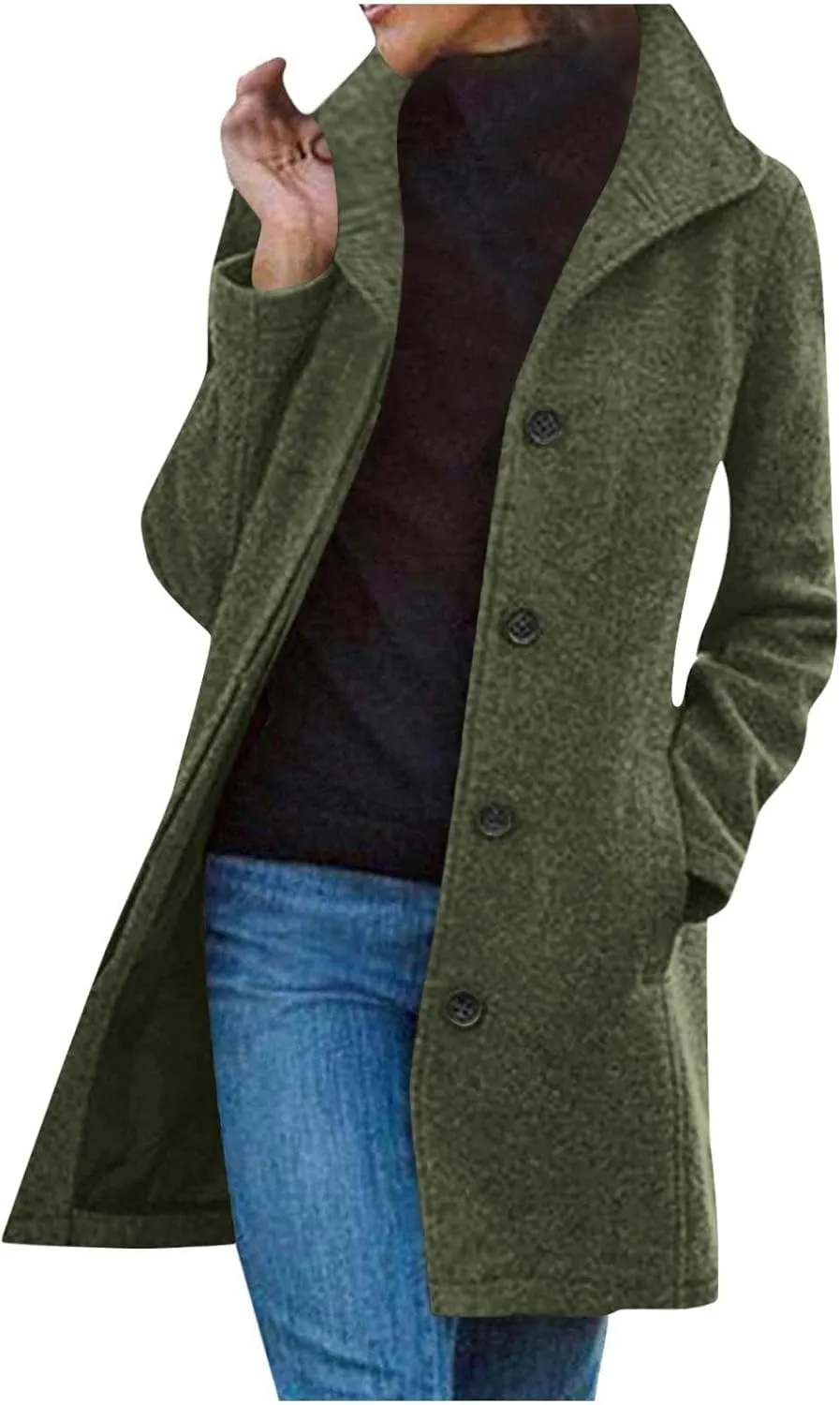 YRAETENM Wool Coats for Women Casual Thicken Stand Collar Single Breasted Pea Coat Fall Winter Mid-Length Overcoat Outerwear