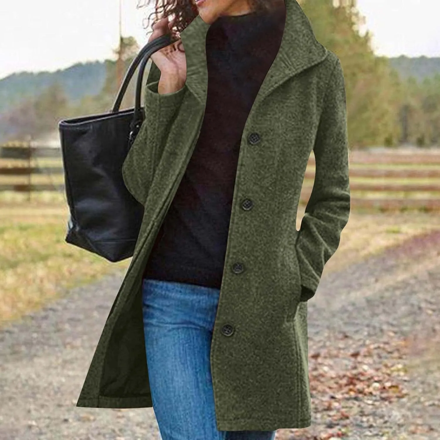YRAETENM Wool Coats for Women Casual Thicken Stand Collar Single Breasted Pea Coat Fall Winter Mid-Length Overcoat Outerwear