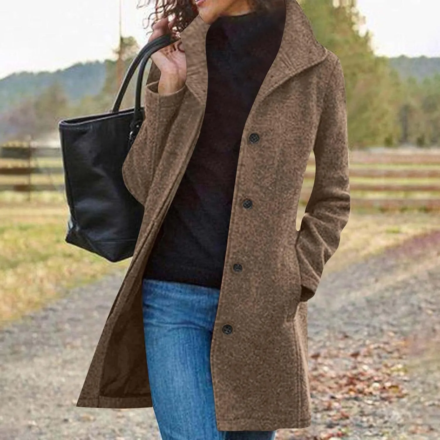 YRAETENM Wool Coats for Women Casual Thicken Stand Collar Single Breasted Pea Coat Fall Winter Mid-Length Overcoat Outerwear