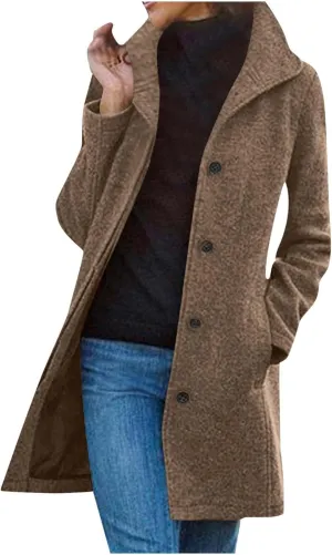 YRAETENM Wool Coats for Women Casual Thicken Stand Collar Single Breasted Pea Coat Fall Winter Mid-Length Overcoat Outerwear