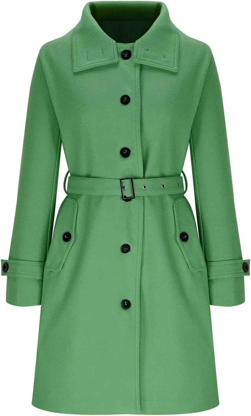 YRAETENM Wool Coats for Women Single Breasted Stand Collar Trench Coat Business Casual Midi Long Winter Pea Coats with Belt