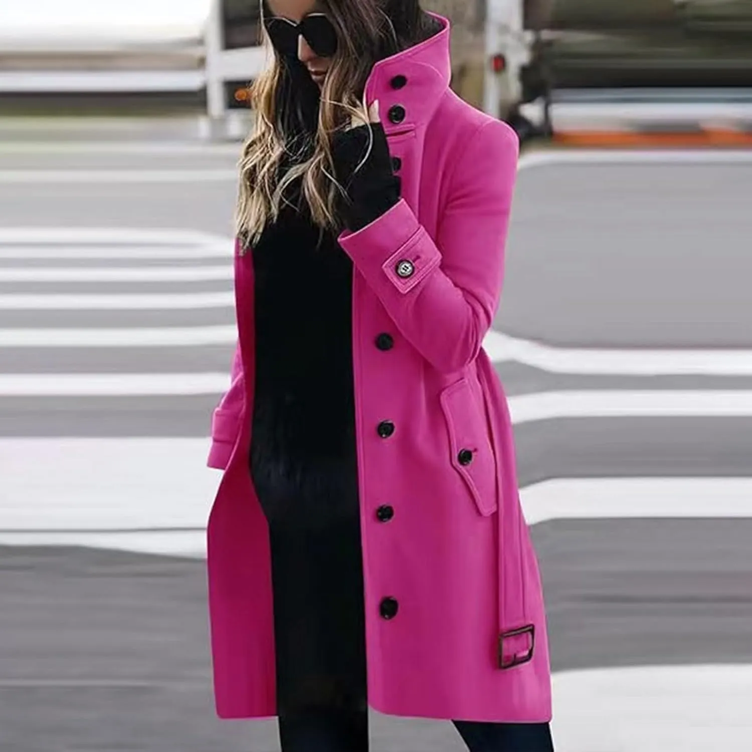 YRAETENM Wool Coats for Women Single Breasted Stand Collar Trench Coat Business Casual Midi Long Winter Pea Coats with Belt