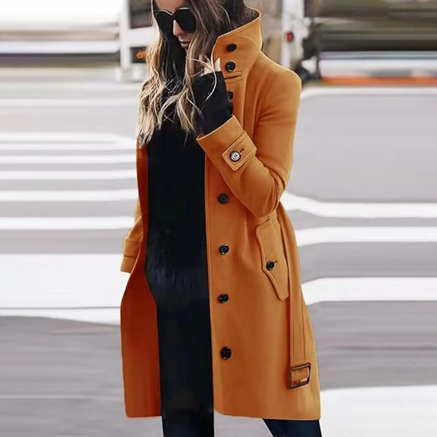 YRAETENM Wool Coats for Women Single Breasted Stand Collar Trench Coat Business Casual Midi Long Winter Pea Coats with Belt