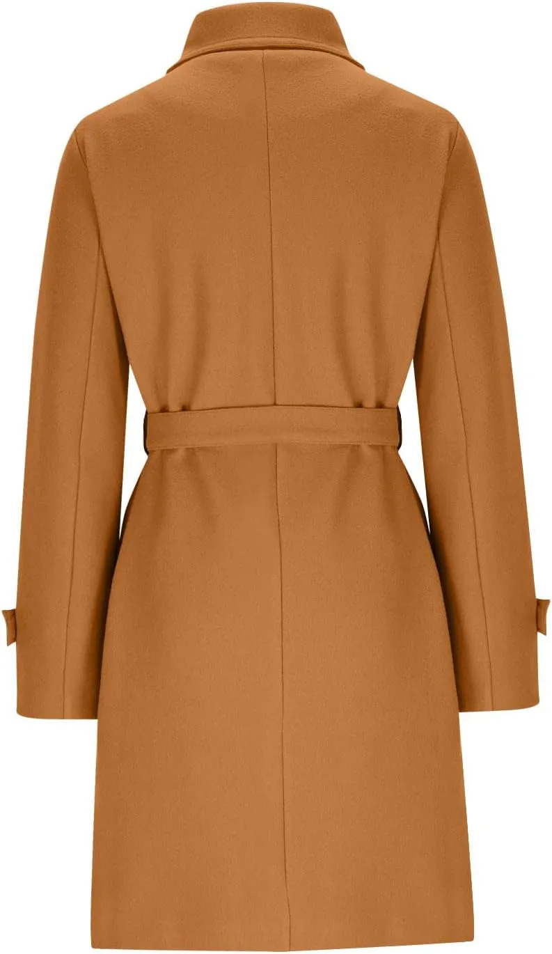 YRAETENM Wool Coats for Women Single Breasted Stand Collar Trench Coat Business Casual Midi Long Winter Pea Coats with Belt