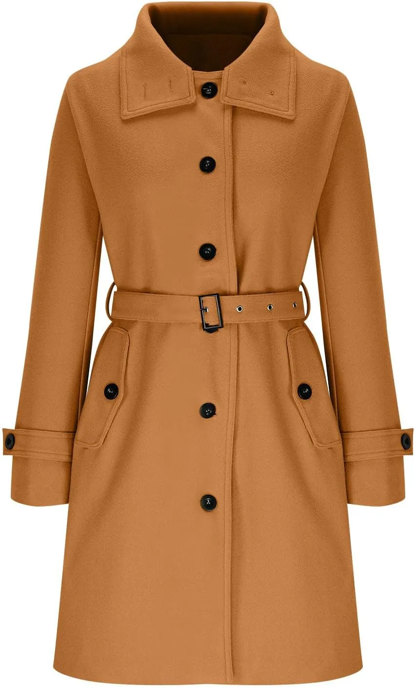 YRAETENM Wool Coats for Women Single Breasted Stand Collar Trench Coat Business Casual Midi Long Winter Pea Coats with Belt