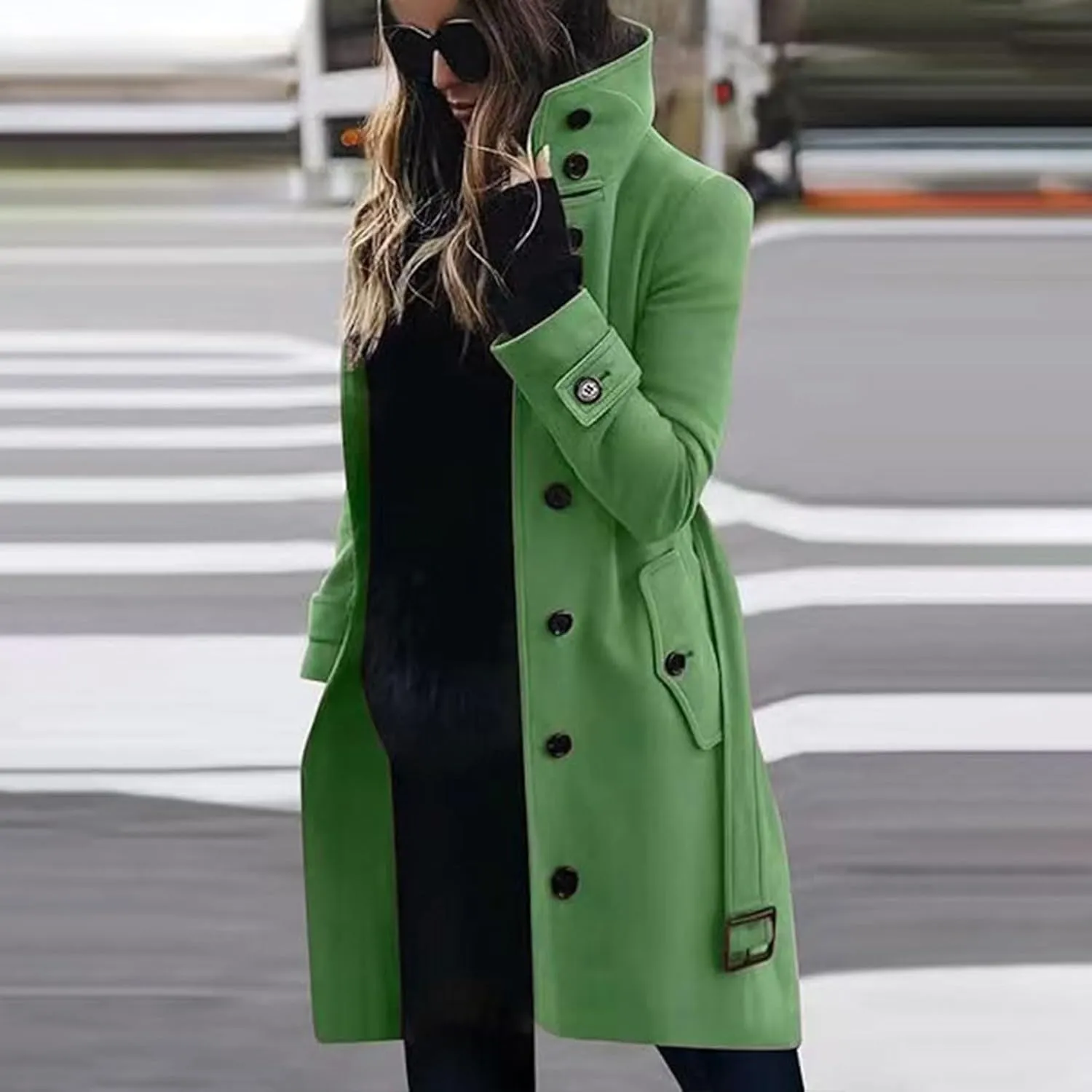 YRAETENM Wool Coats for Women Single Breasted Stand Collar Trench Coat Business Casual Midi Long Winter Pea Coats with Belt