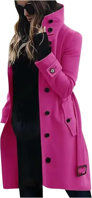 YRAETENM Wool Coats for Women Single Breasted Stand Collar Trench Coat Business Casual Midi Long Winter Pea Coats with Belt