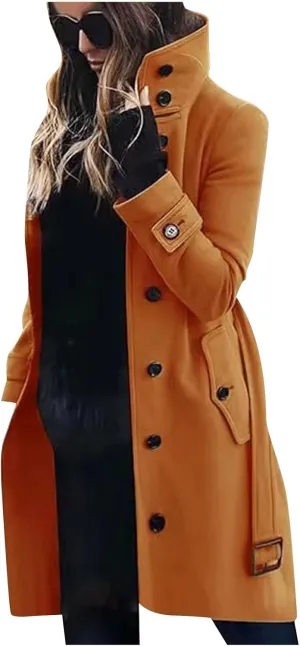 YRAETENM Wool Coats for Women Single Breasted Stand Collar Trench Coat Business Casual Midi Long Winter Pea Coats with Belt