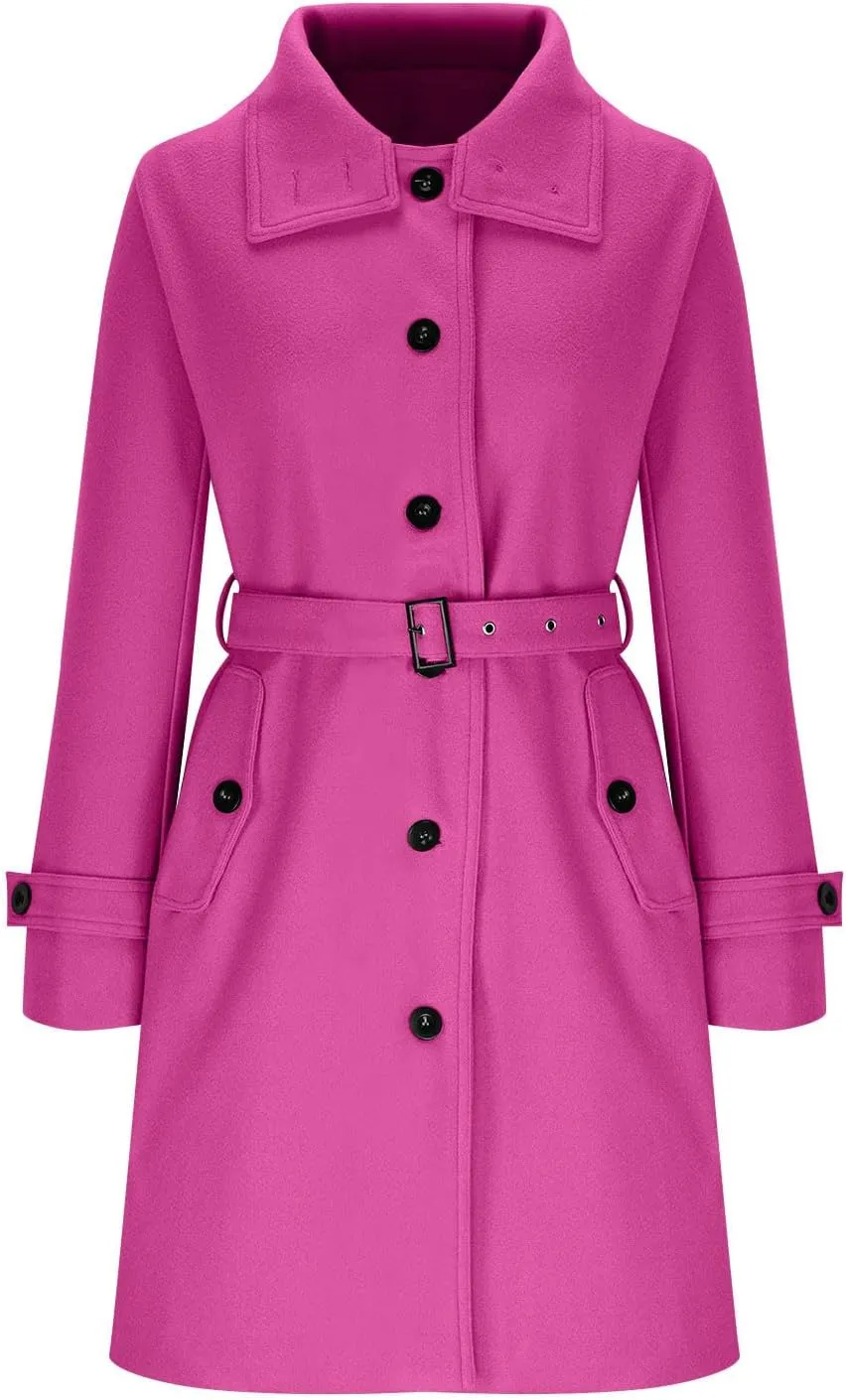YRAETENM Wool Coats for Women Single Breasted Stand Collar Trench Coat Business Casual Midi Long Winter Pea Coats with Belt