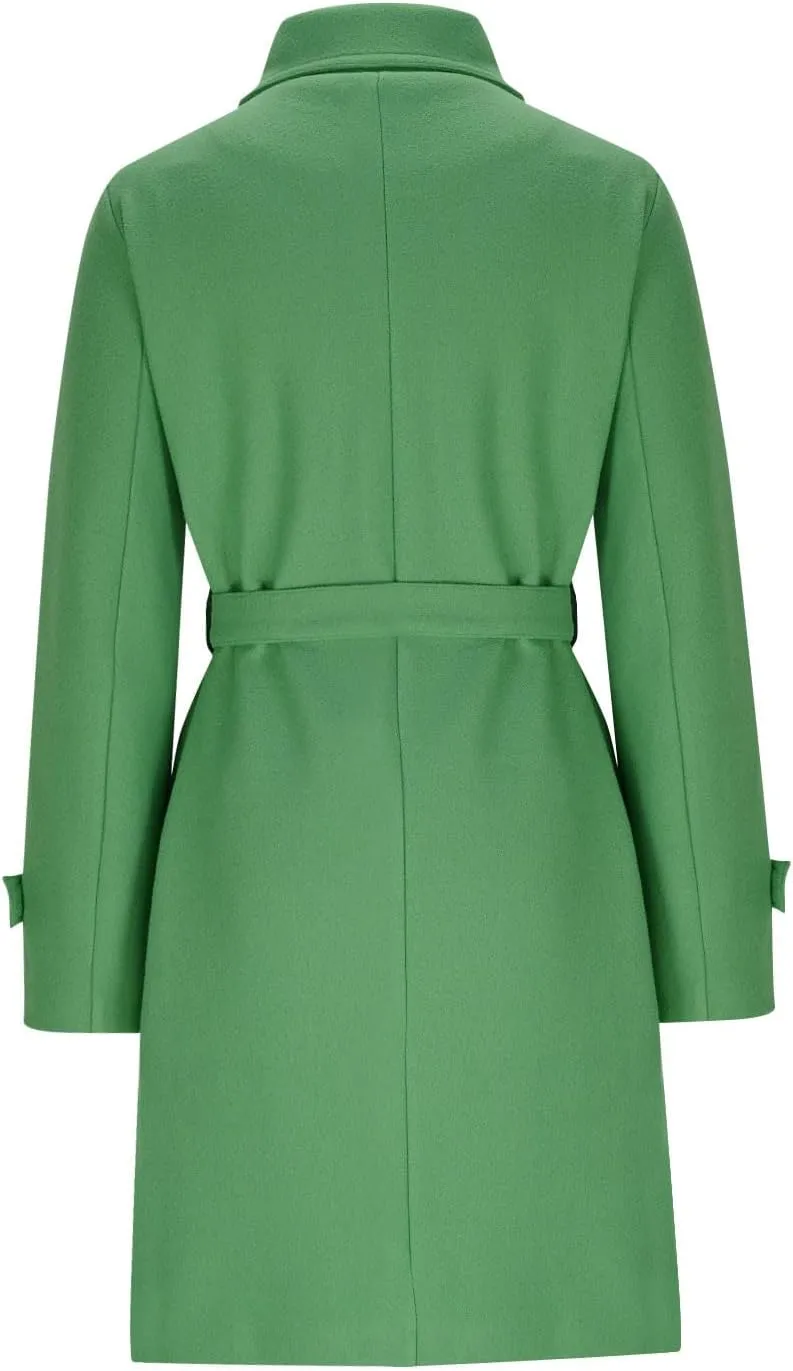 YRAETENM Wool Coats for Women Single Breasted Stand Collar Trench Coat Business Casual Midi Long Winter Pea Coats with Belt
