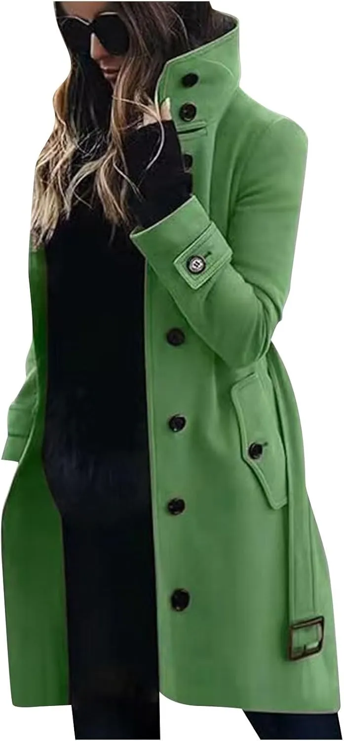 YRAETENM Wool Coats for Women Single Breasted Stand Collar Trench Coat Business Casual Midi Long Winter Pea Coats with Belt