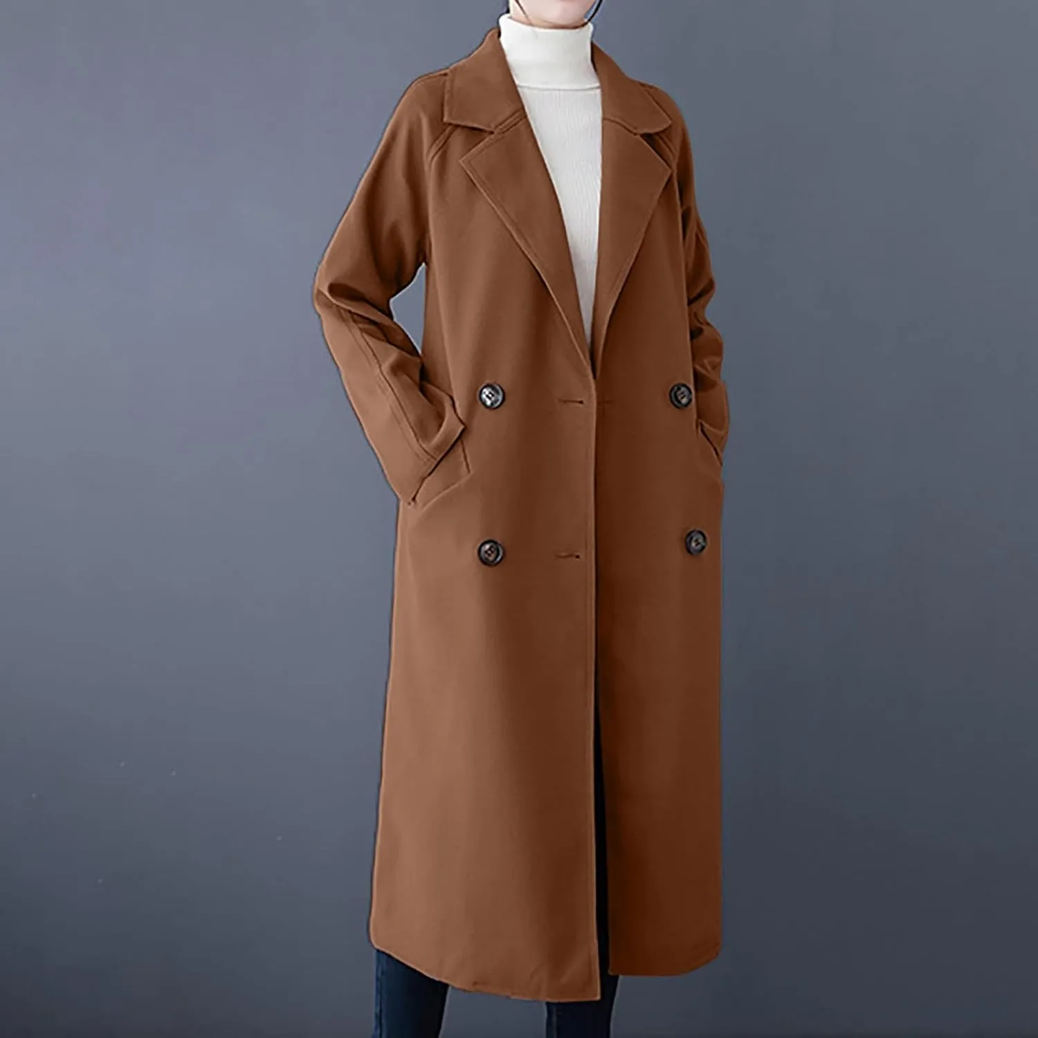 YRAETENM Wool Trench Coats for Women Lapel Collar Double Breasted Pea Coats Winter Casual Thick Mid-Length Outwear with Belt