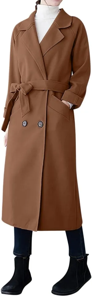 YRAETENM Wool Trench Coats for Women Lapel Collar Double Breasted Pea Coats Winter Casual Thick Mid-Length Outwear with Belt