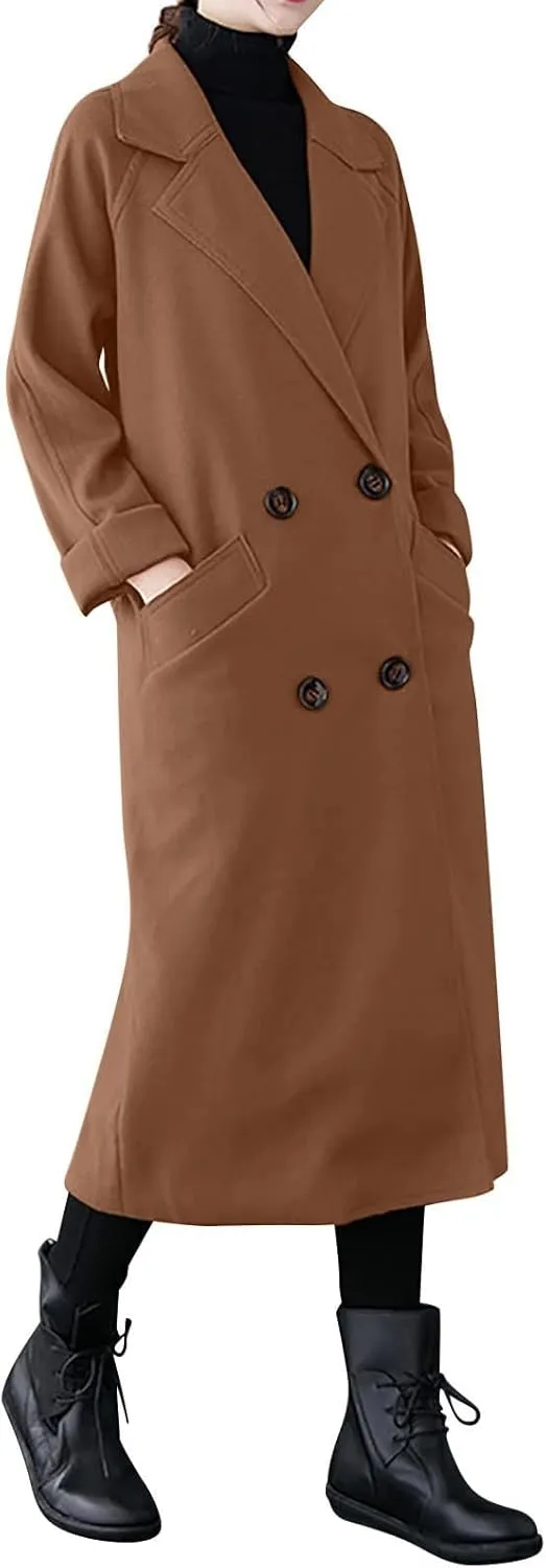 YRAETENM Wool Trench Coats for Women Lapel Collar Double Breasted Pea Coats Winter Casual Thick Mid-Length Outwear with Belt
