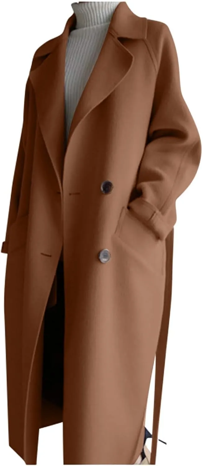 YRAETENM Wool Trench Coats for Women Lapel Collar Double Breasted Pea Coats Winter Casual Thick Mid-Length Outwear with Belt