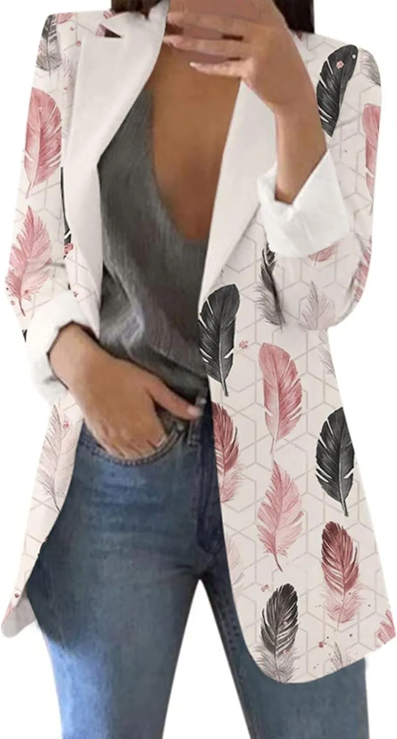 ZEFOTIM Womens Business Professional Outfits Lightweight Trendy Oversized Floral/Striped Blazer Long Office Fall Jacket