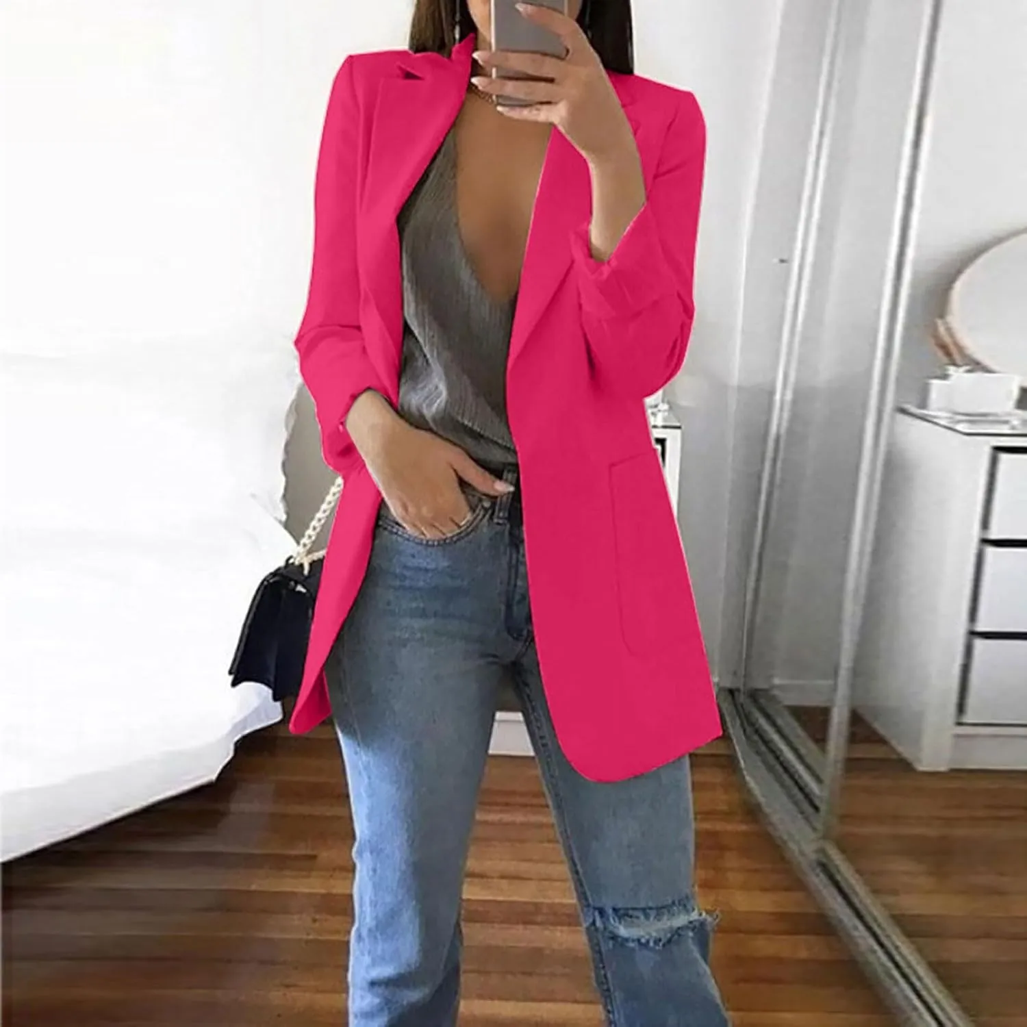 ZEFOTIM Womens Business Professional Outfits Lightweight Trendy Oversized Floral/Striped Blazer Long Office Fall Jacket