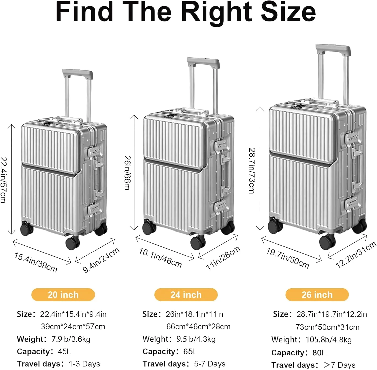 Zipperless Luggage, Polycarbonate Aluminum Hard Shell, Expandable Carry-On Suitcase with Spinner Wheels, Hard Shell Suitcase, 26 Inch Cabin