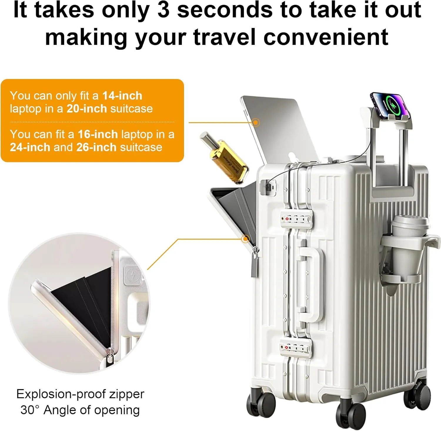 Zipperless Luggage, Polycarbonate Aluminum Hard Shell, Expandable Carry-On Suitcase with Spinner Wheels, Hard Shell Suitcase, 26 Inch Cabin