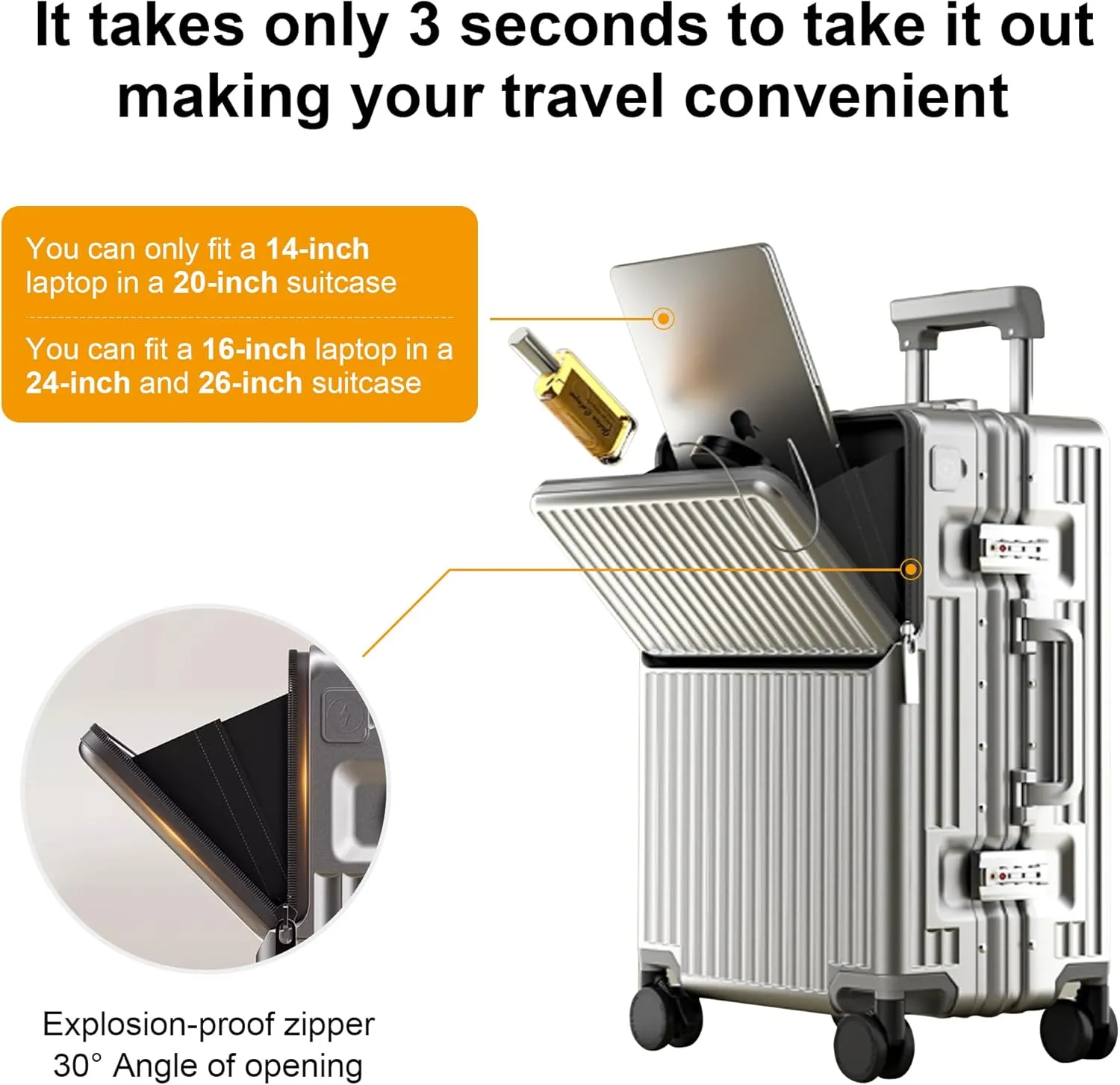 Zipperless Luggage, Polycarbonate Aluminum Hard Shell, Expandable Carry-On Suitcase with Spinner Wheels, Hard Shell Suitcase, 26 Inch Cabin